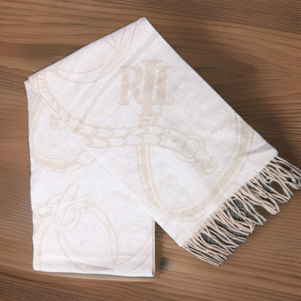 Lauren Ralph Lauren Wool Scarf Equestrian Classic‎ Horseshoe Logo Fringe Luxury
